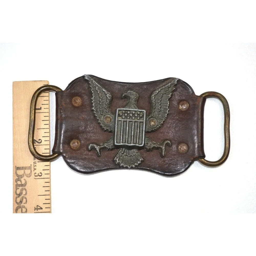 Vintage US Eagle Shield Leather Belt Buckle Americana Western Brown Distressed